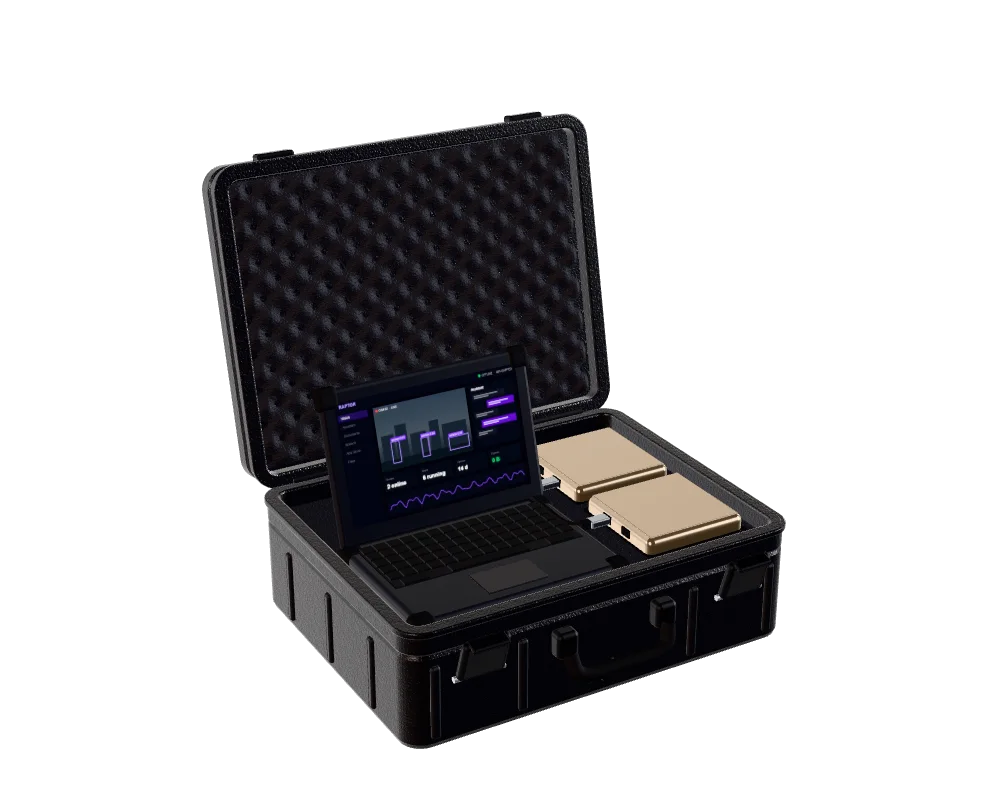 3D render of the RAPTOR unit: the transit case open, with the console and two compute nodes in foam